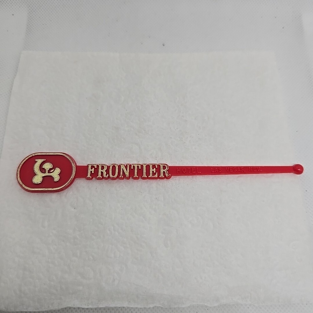 Vintage Frontier Hotel Las Vegas Casino Swizzle Stick Drink Stirrer Red Gold